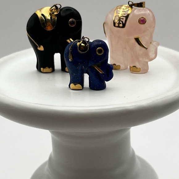 Trio of Elephant Charms in Black, Blue, and Pink jade with 14k gold accents - Picture 1 of 1